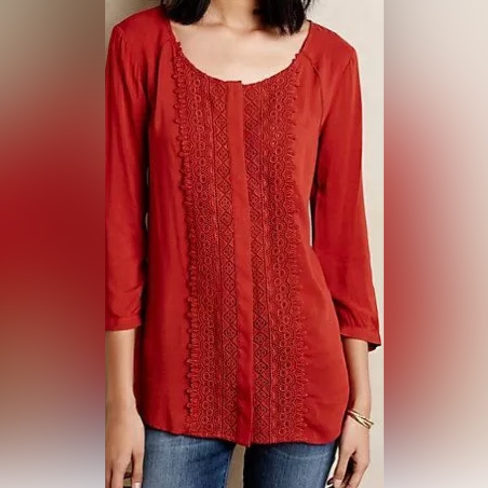 Anthropologie Maeve Rust Lace Detail Button Up Long Sleeved Top Sz S